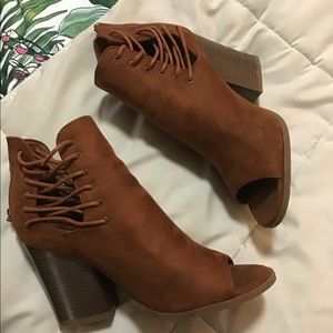 Brown open toe booties